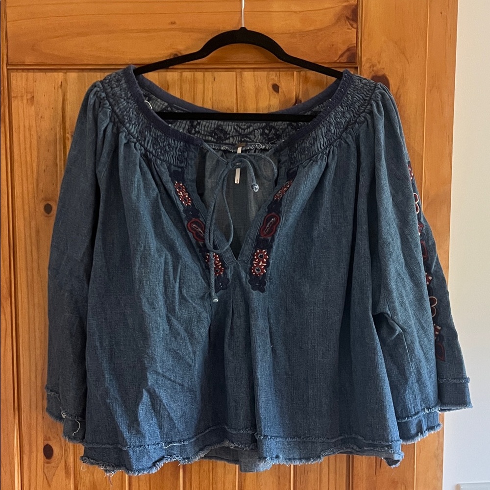 Free People Denim Blue Embroidered Peasant Tunic